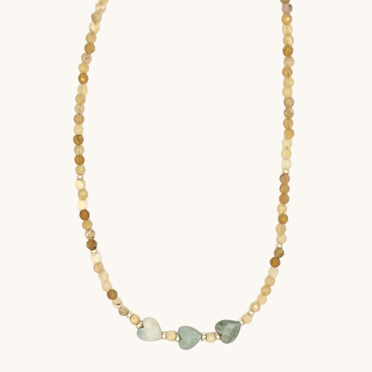 African Yellow Opal Necklace with Amazonite Heart Accents & Gold-Filled Puffy Heart Extender (15–17”)