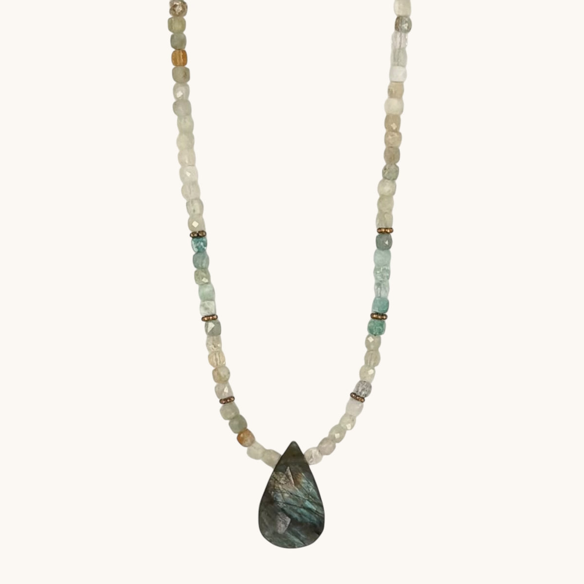 Aquamarine Necklace with Labradorite Pendant & 18K Gold-Filled Daisy Spacers