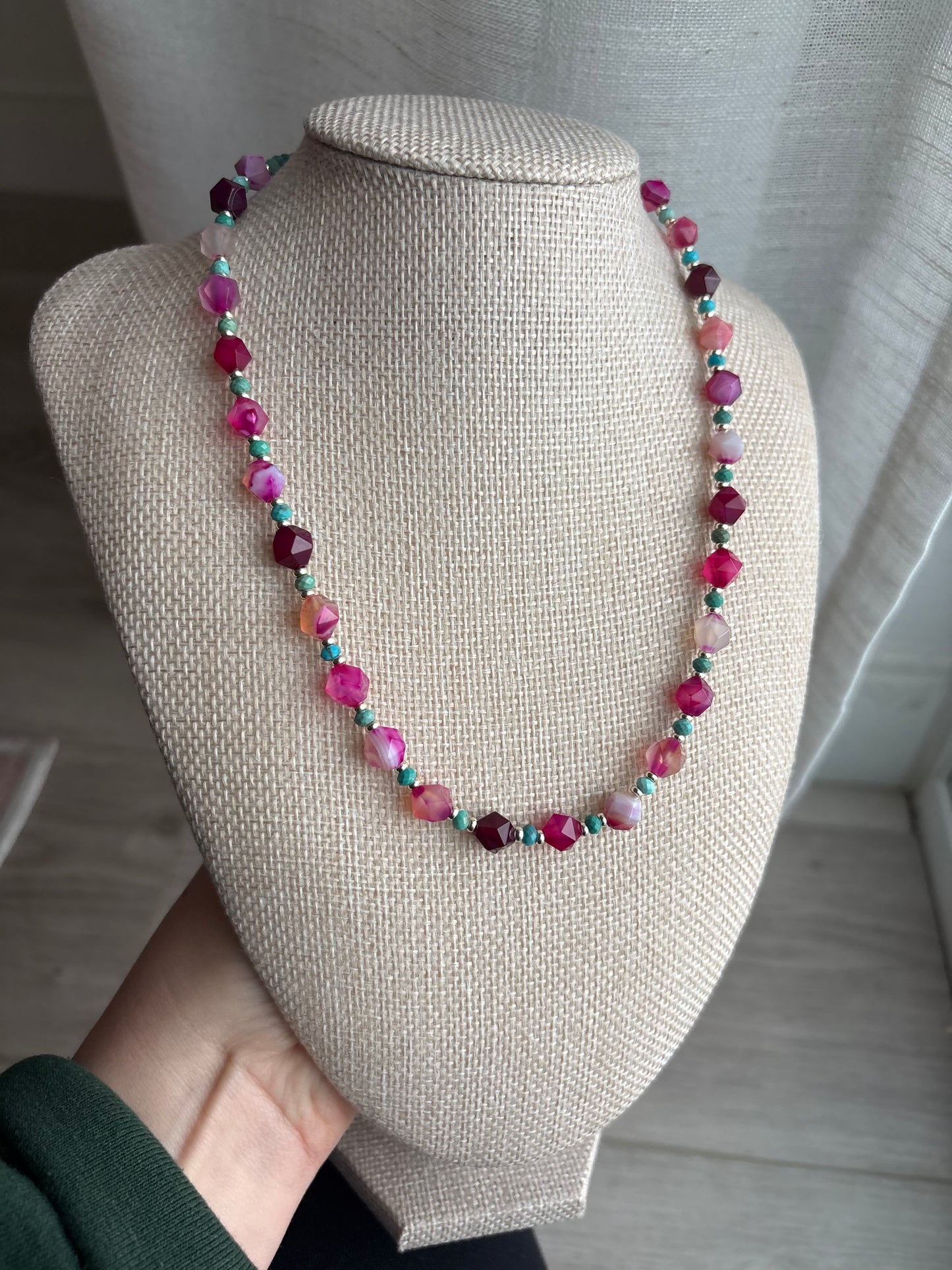 Ruby Pink Line Agate Star-Cut Necklace with Turquoise & 18K Gold-Filled Findings