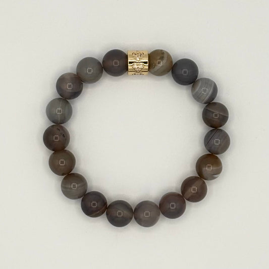 Striped Grey Agate Heart Stretch Bracelet | 24K Gold Filled CZ Spacer