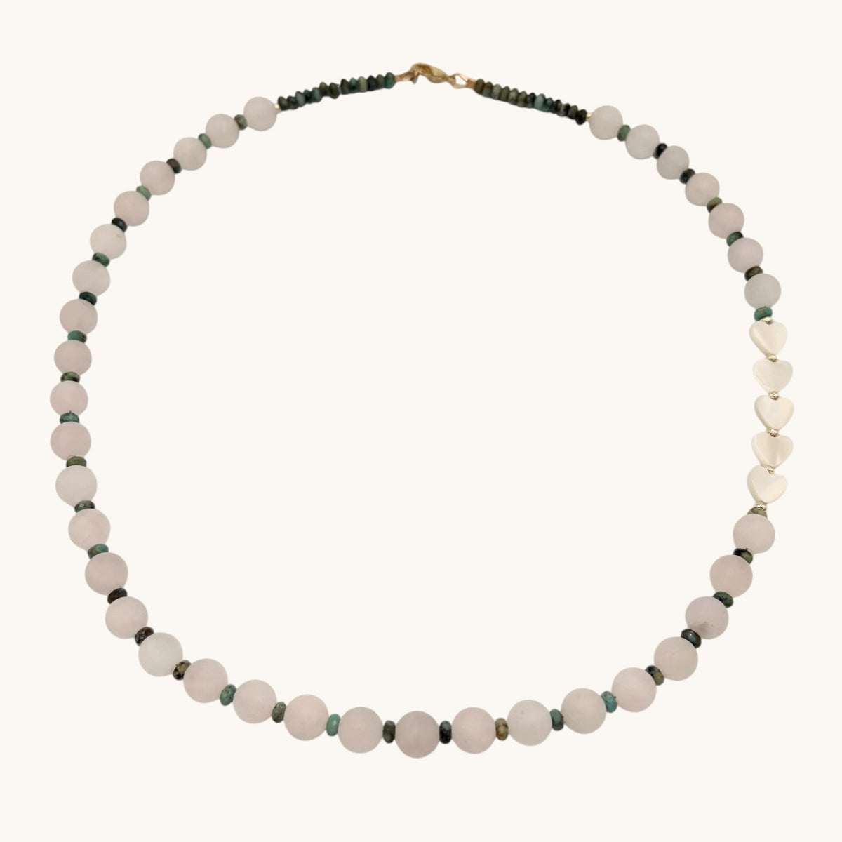 Rose Quartz Necklace with African Turquoise & Mother of Pearl Hearts | 20” Gold-Filled