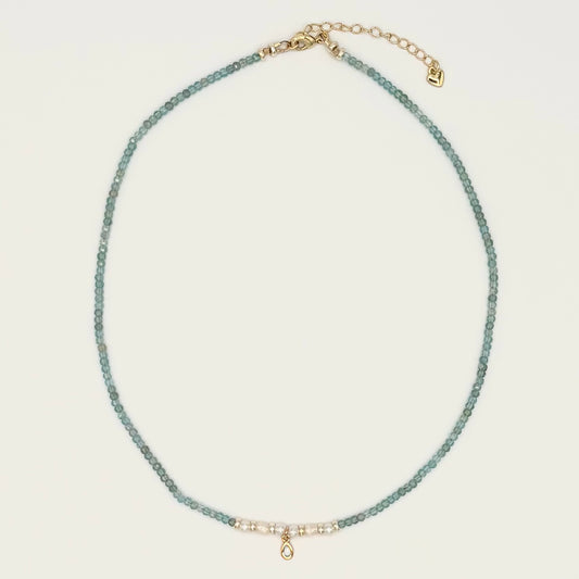 Green-Blue Apatite & Freshwater Pearl Necklace with Gold-Filled Teardrop Charm – 17”