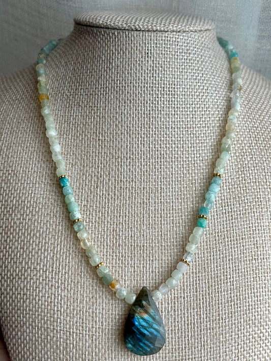 Aquamarine Necklace with Labradorite Pendant & 18K Gold-Filled Daisy Spacers