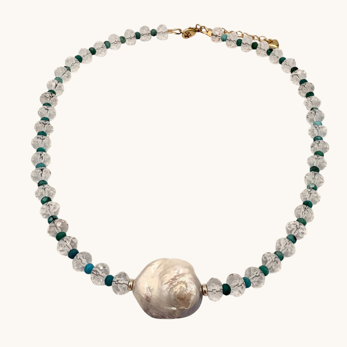 Crystal Quartz & Turquoise Baroque Pearl Necklace - 18K Gold-Filled, 17” Adjustable