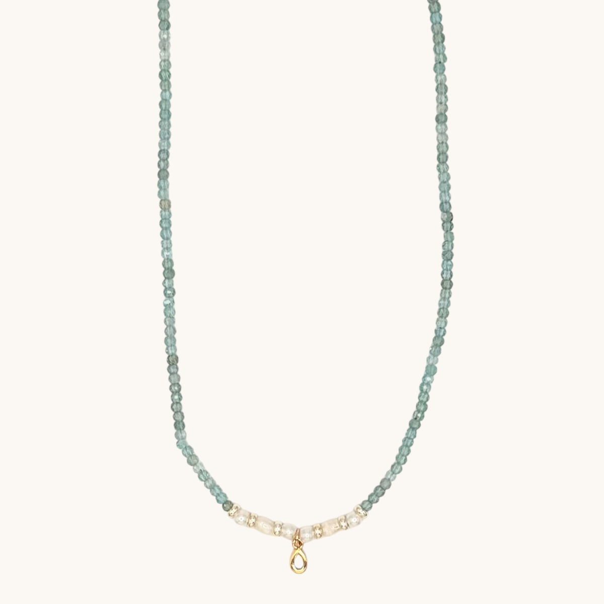 Green-Blue Apatite & Freshwater Pearl Necklace with Gold-Filled Teardrop Charm – 17”
