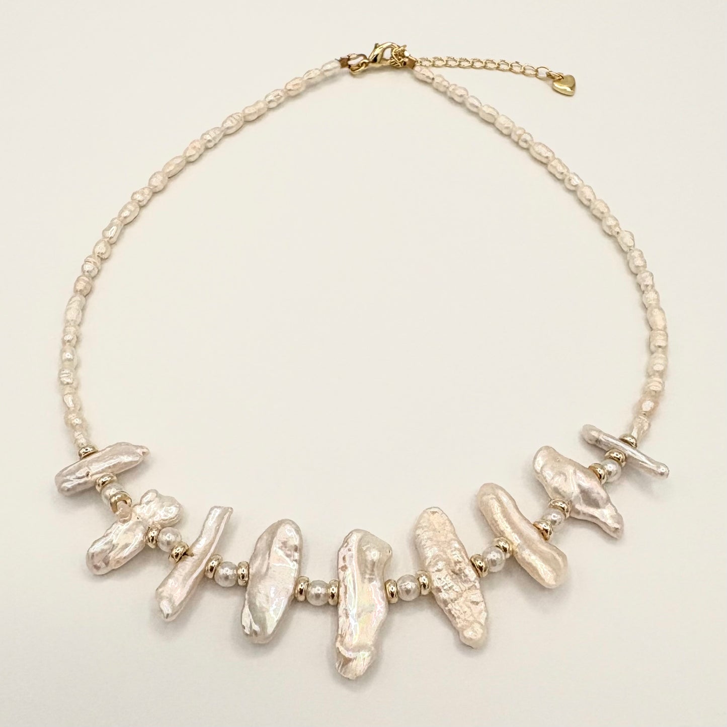 Freshwater Potato & Stick Pearl Necklace with Gold-Filled Puffy Heart Extender (14.5–16.5”)