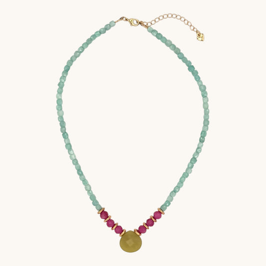 Amazonite Necklace with Teardrop Peridot Jade Pendant & Magenta Sardonyx Accents with Gold-Filled Puffy Heart Extender (15–17”)