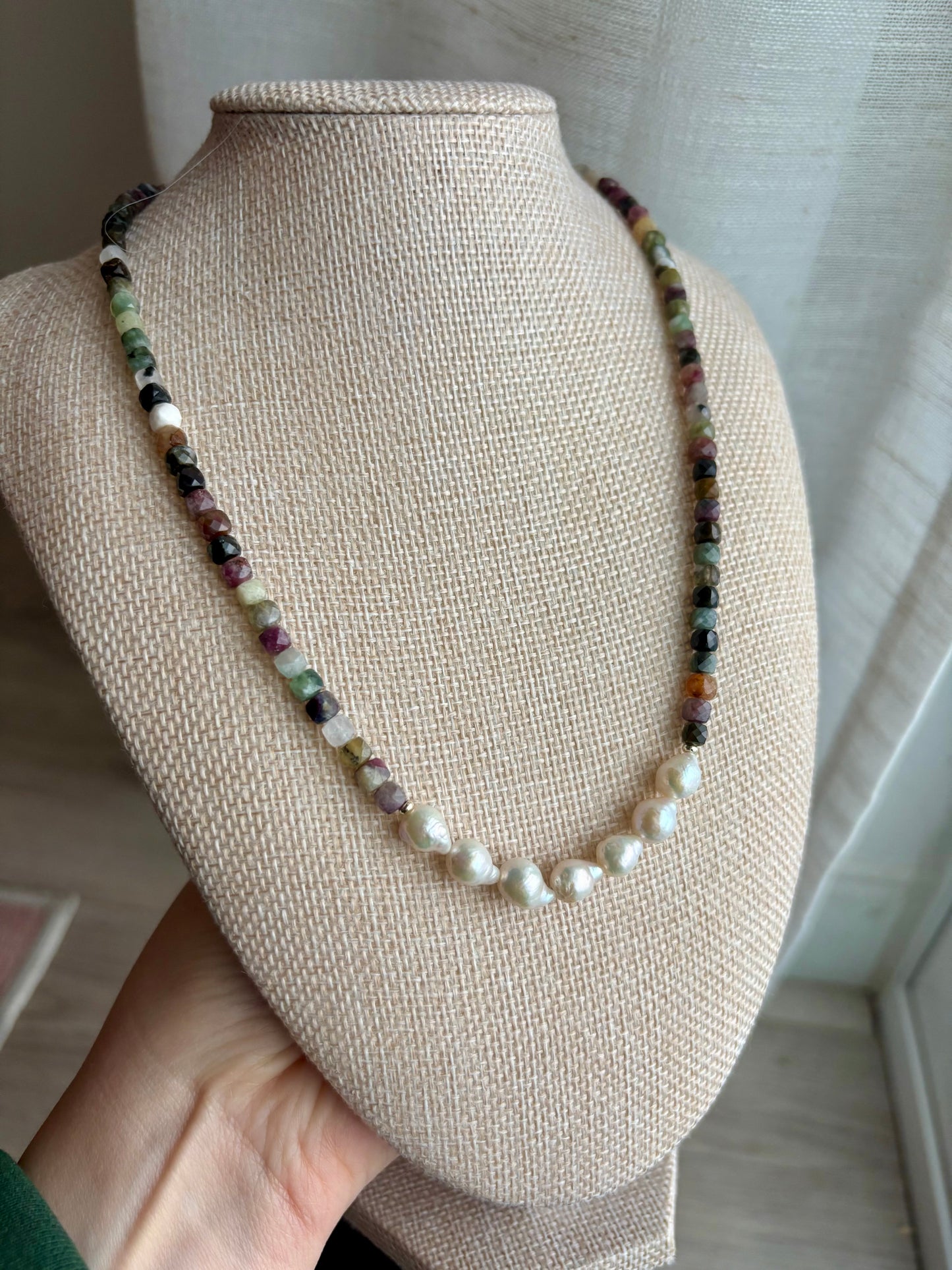Multicolor Tourmaline Necklace with Freshwater Pearls & Gold-Filled Findings