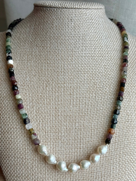 Multicolor Tourmaline Necklace with Freshwater Pearls & Gold-Filled Findings