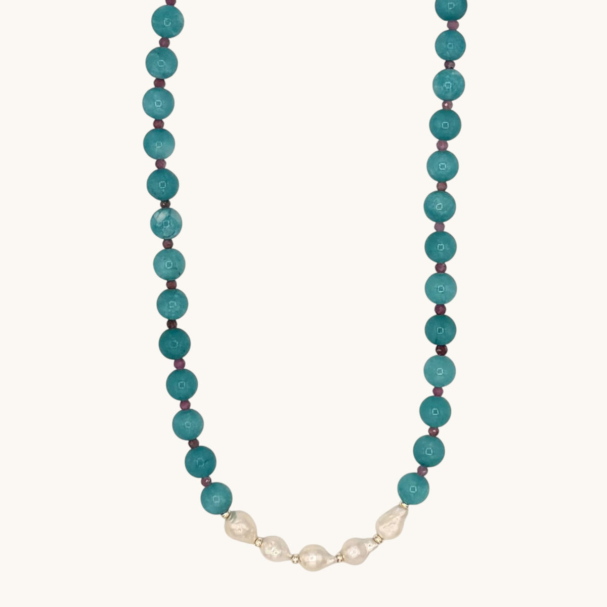 Blue Quartz & Pink Tourmaline Necklace with Freshwater Pearl Center – 17”