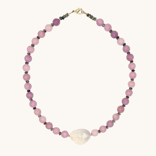 Purple Agate & Turquoise Necklace with Baroque Pearl | 18K Gold-Filled Accents