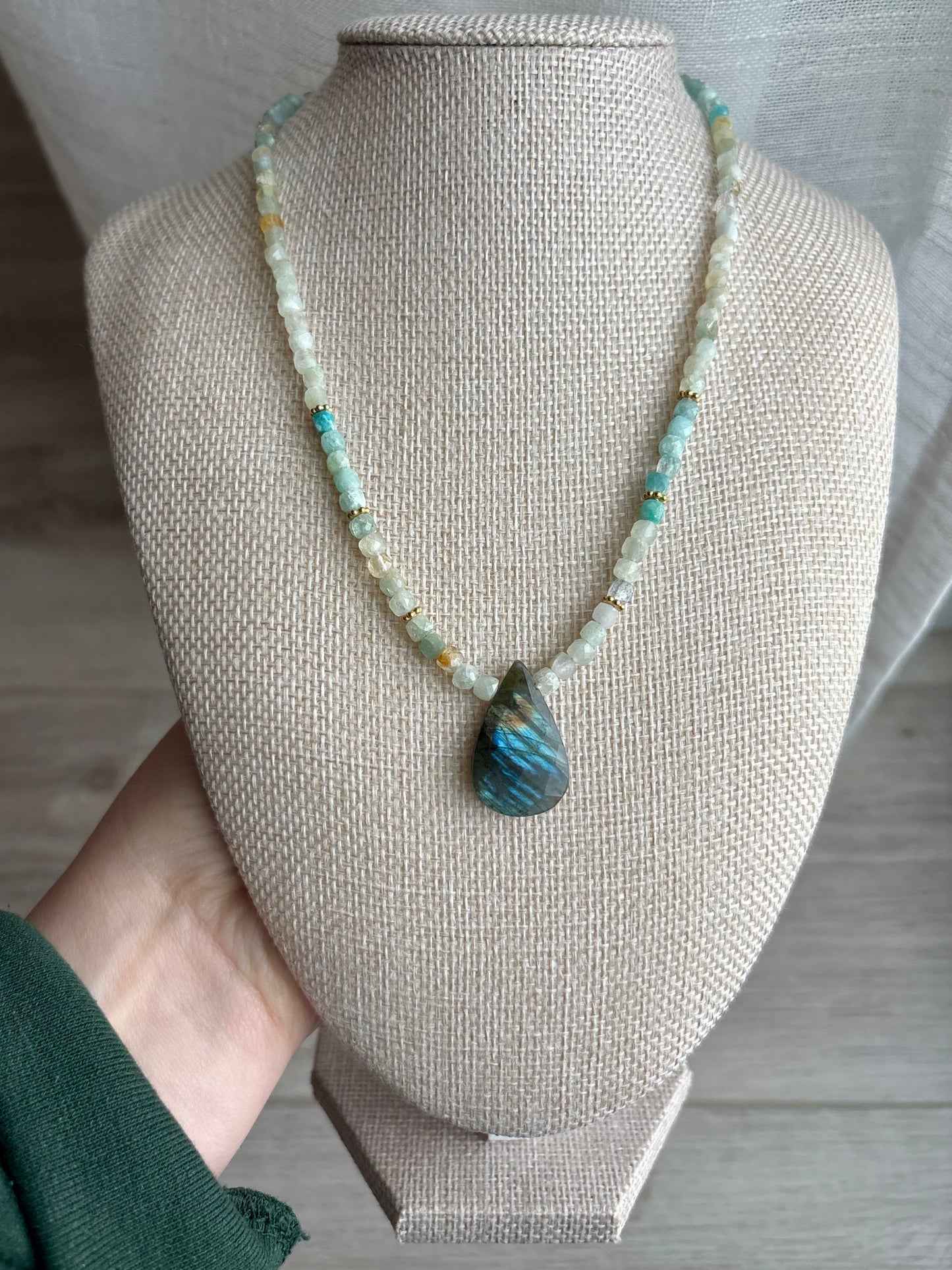 Aquamarine Necklace with Labradorite Pendant & 18K Gold-Filled Daisy Spacers