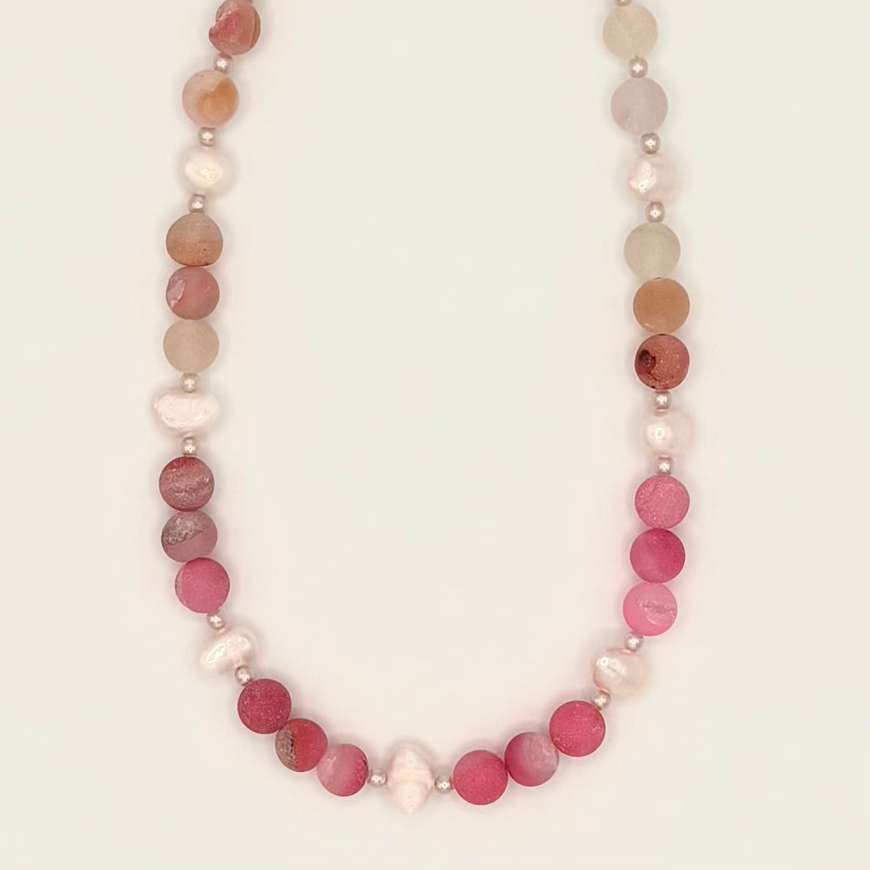 Pink Druzy Agate & Freshwater Pearl Necklace with Tiny Pearl Spacers and Gold-Plated Findings (16”)