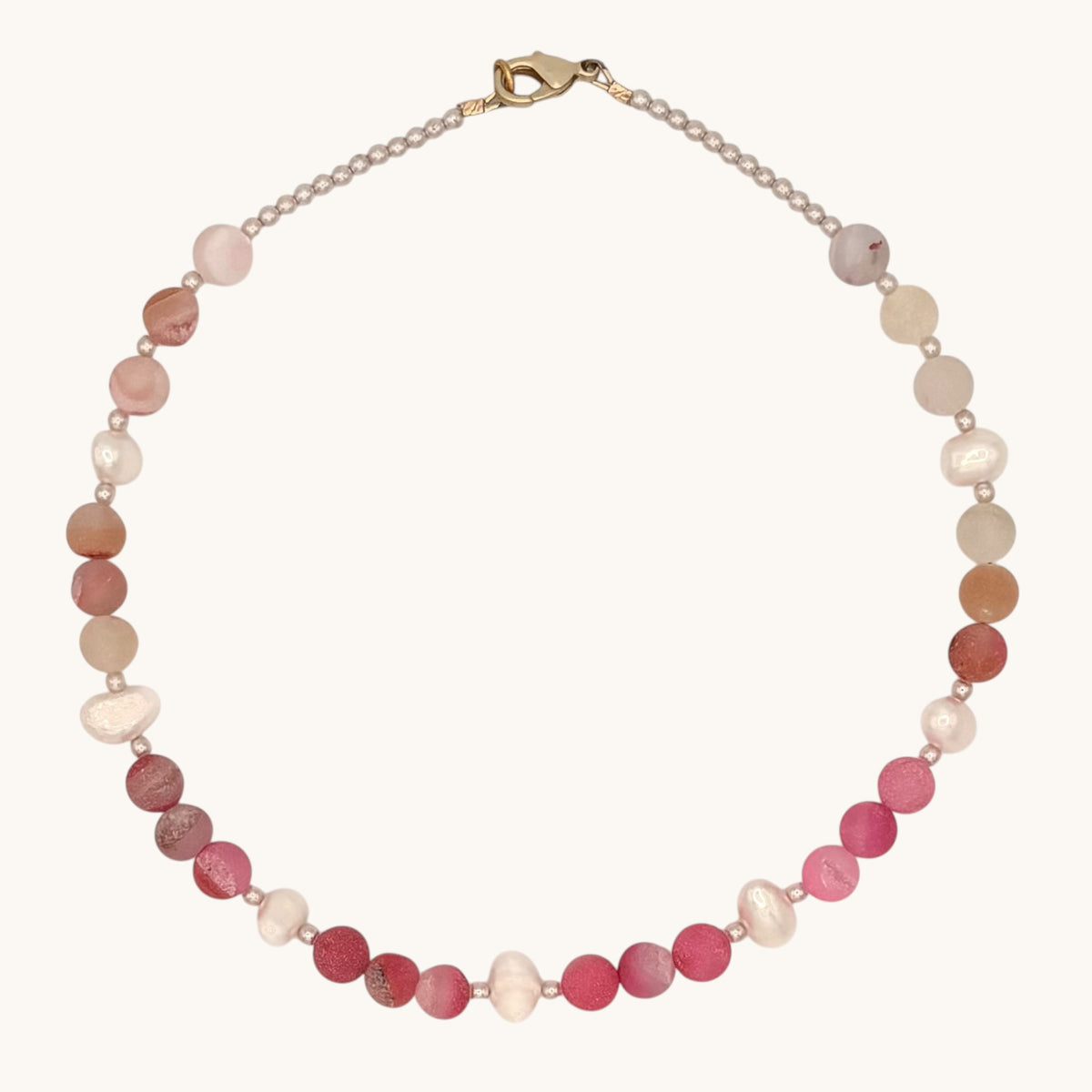 Pink Druzy Agate & Freshwater Pearl Necklace with Tiny Pearl Spacers and Gold-Plated Findings (16”)