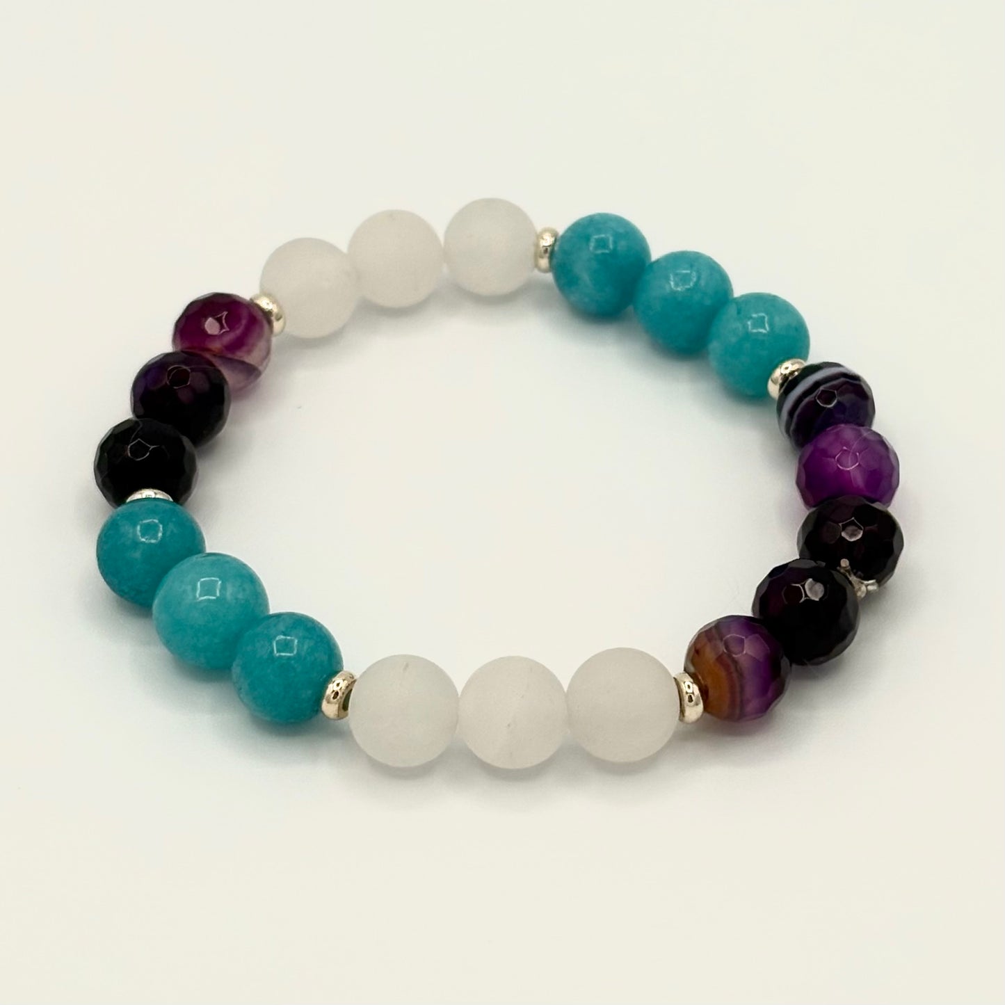 Amethyst, White Jade & Blue Quartz Stretch Bracelet with 18k Gold-Filled Spacers