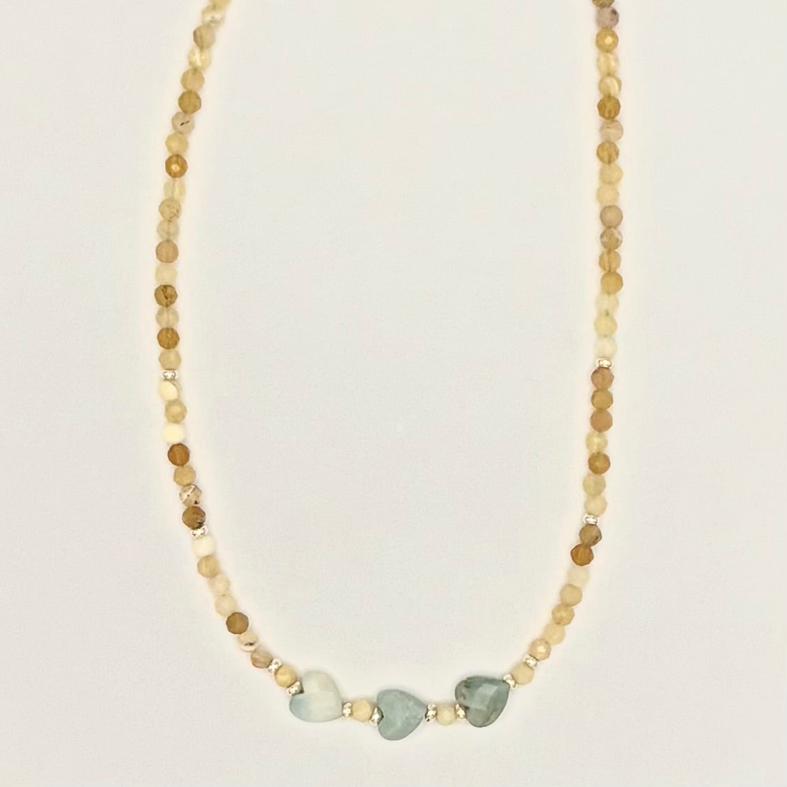 African Yellow Opal Necklace with Amazonite Heart Accents & Gold-Filled Puffy Heart Extender (15–17”)
