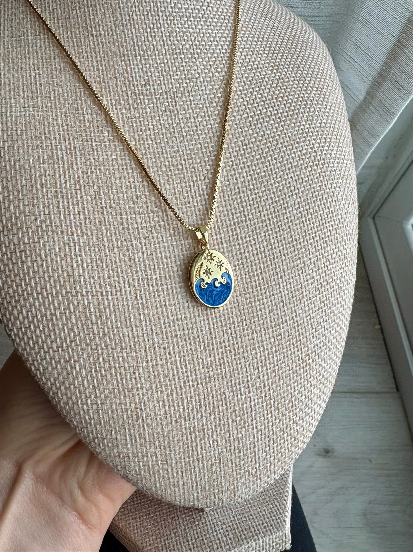 24K Gold-Filled Adjustable Chain Necklace with 18K Enamel Moon, Star & Sea Pendant (Clear CZ)