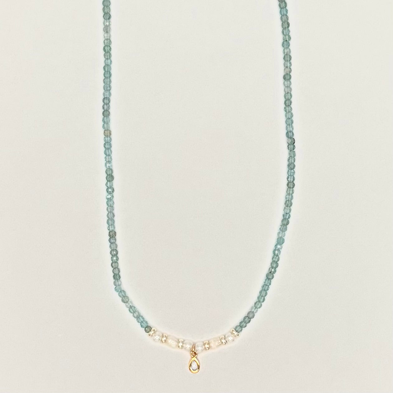 Green-Blue Apatite & Freshwater Pearl Necklace with Gold-Filled Teardrop Charm – 17”