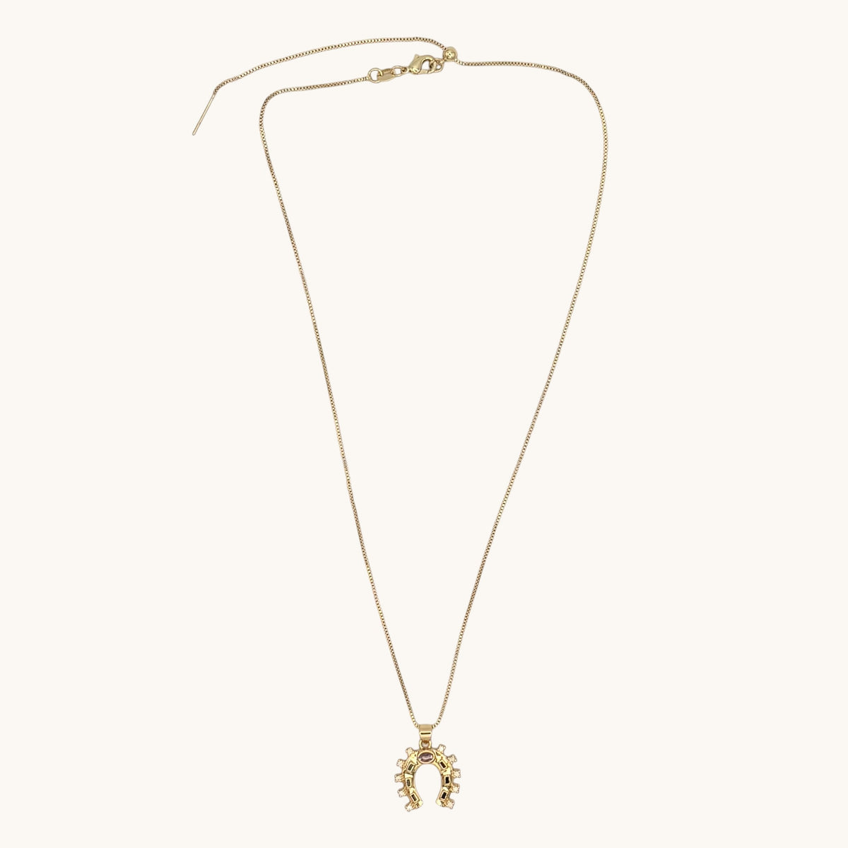 24K Gold-Filled Multicolor CZ Horseshoe Necklace on Adjustable Box Chain