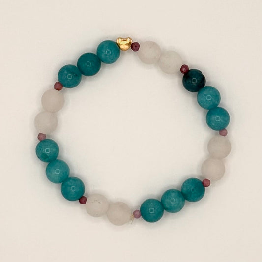 Blue Quartz, Tourmaline & White Jade Stretch Bracelet with 18k Gold-Filled Heart Spacer