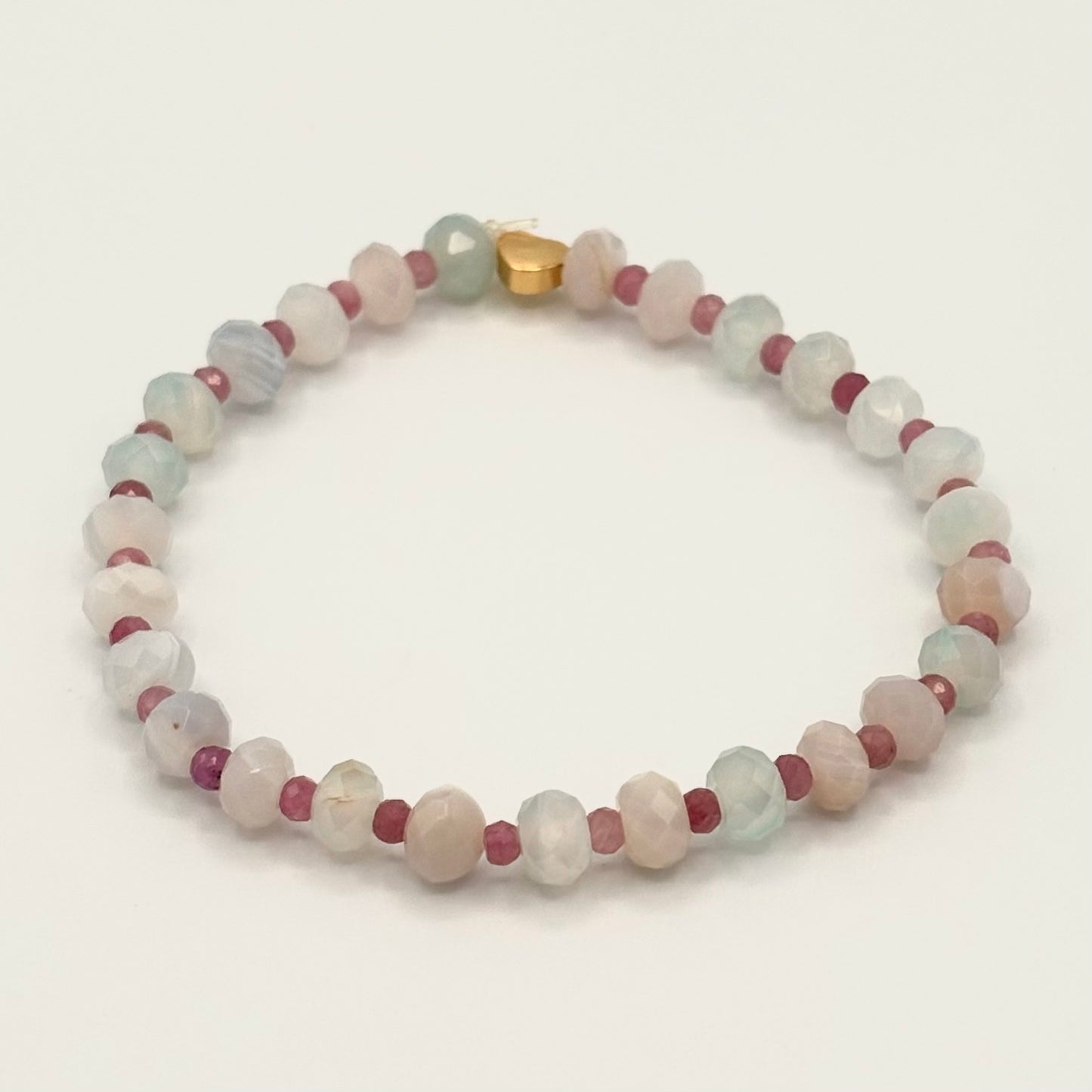 Aqua Agate & Tourmaline Stretch Bracelet with 18k Gold-Filled Heart Spacer