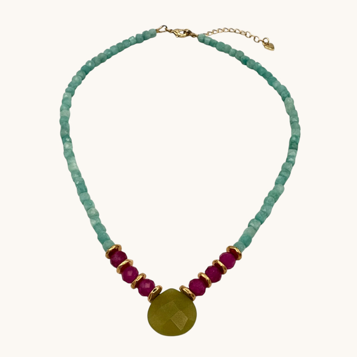 Amazonite Necklace with Teardrop Peridot Jade Pendant & Magenta Sardonyx Accents with Gold-Filled Puffy Heart Extender (15–17”)