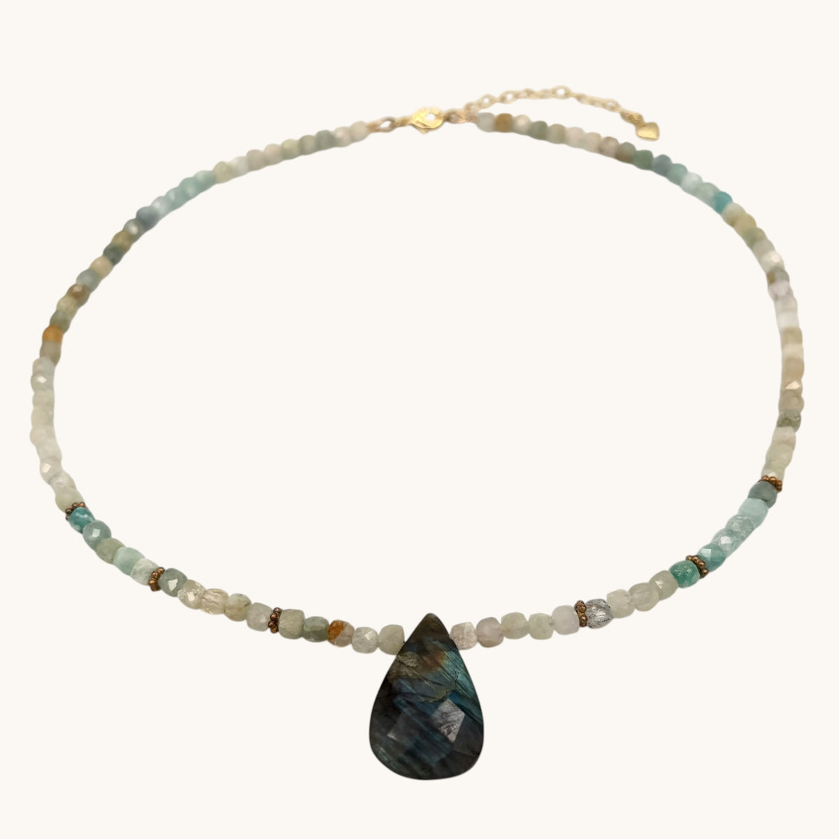 Aquamarine Necklace with Labradorite Pendant & 18K Gold-Filled Daisy Spacers