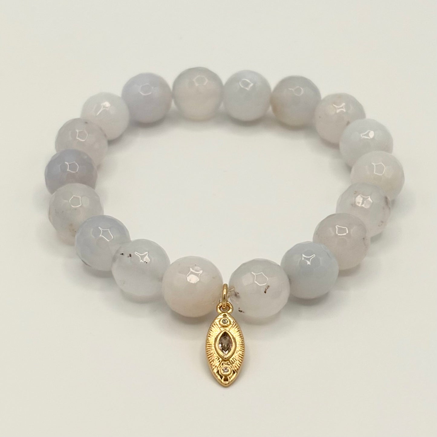 Blue Lace Agate Evil Eye Stretch Bracelet | 24K Gold Filled Charm