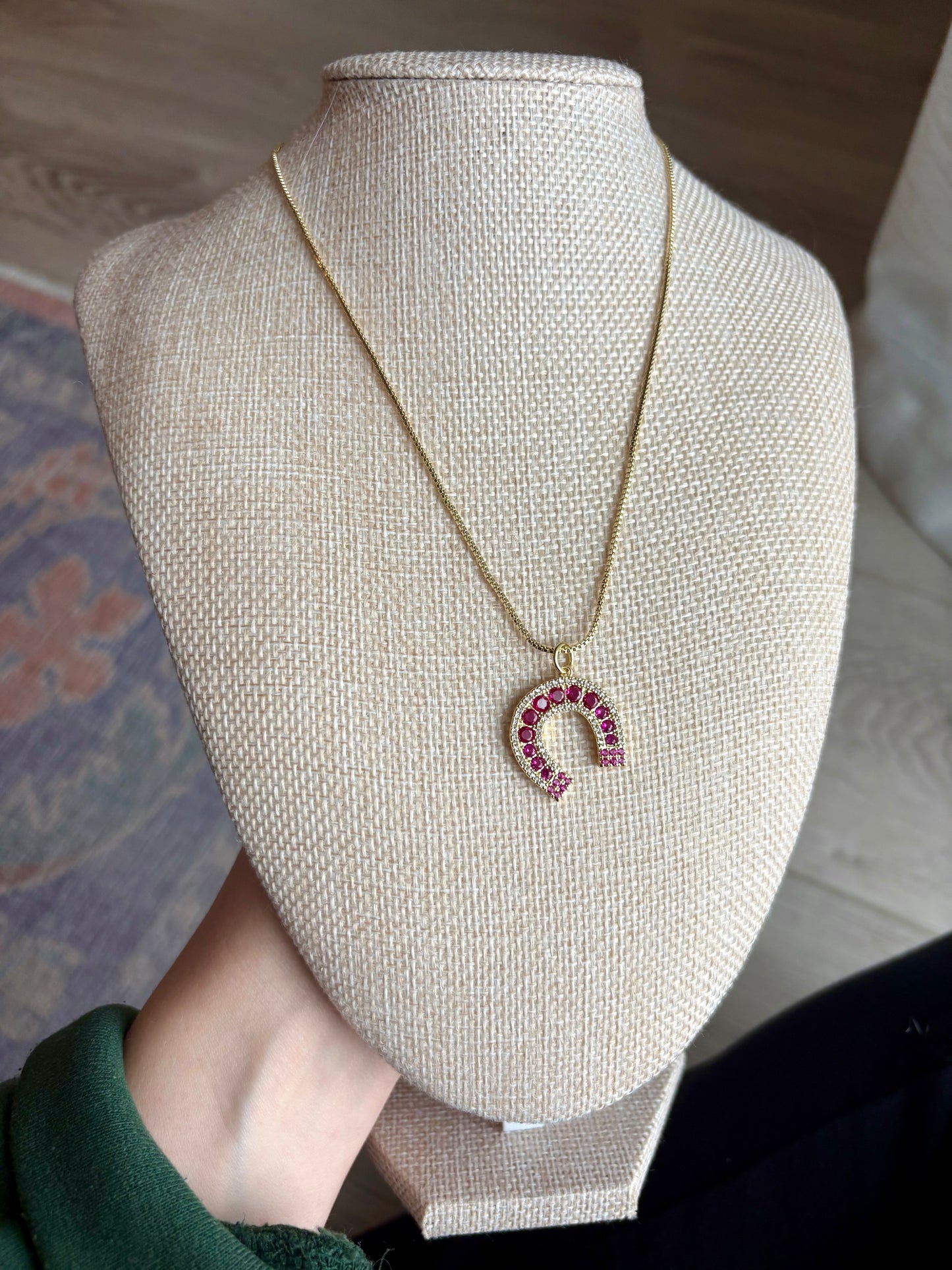24K Gold-Filled Adjustable Box Chain Necklace with CZ Horseshoe Pendant