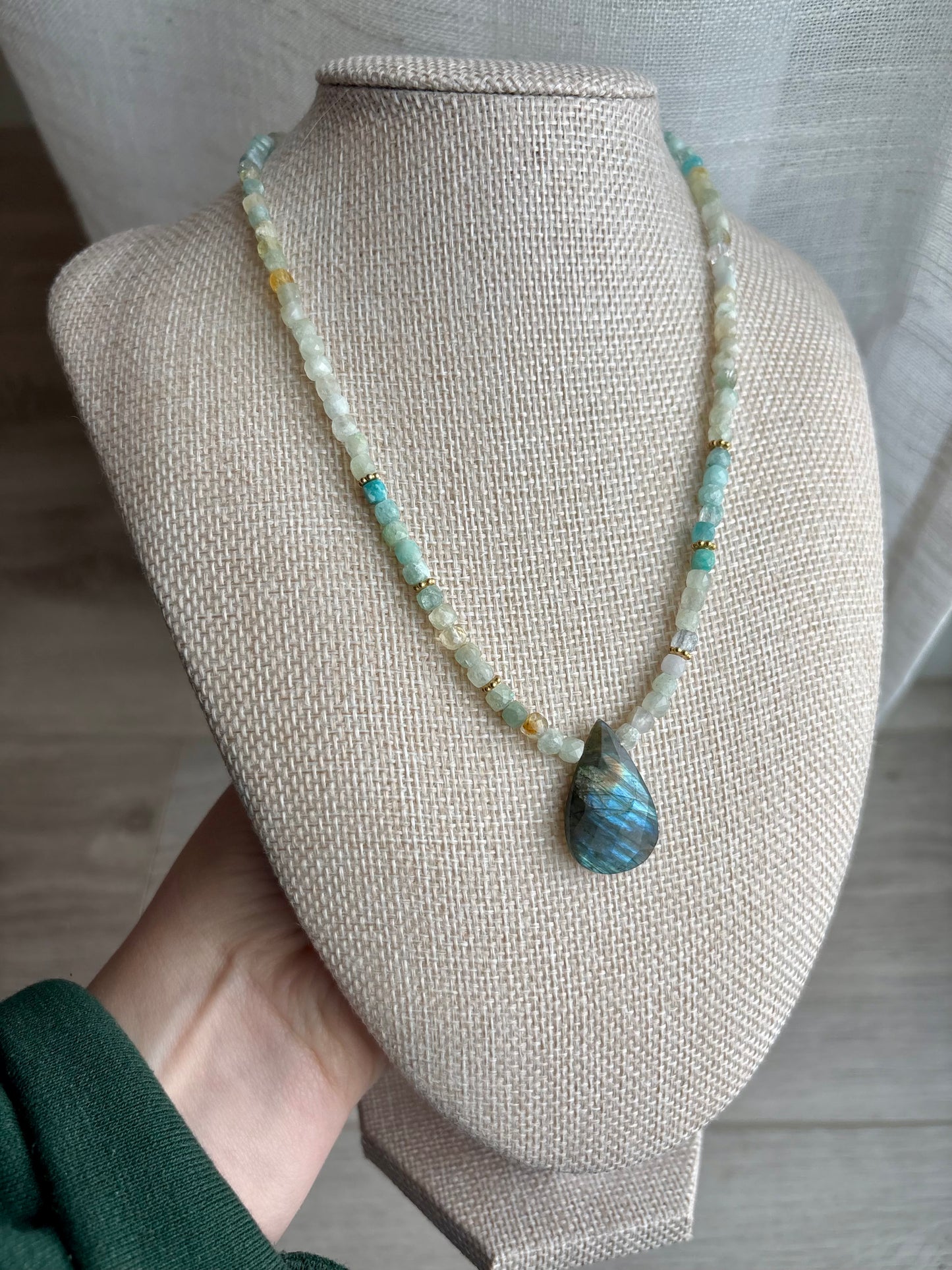Aquamarine Necklace with Labradorite Pendant & 18K Gold-Filled Daisy Spacers