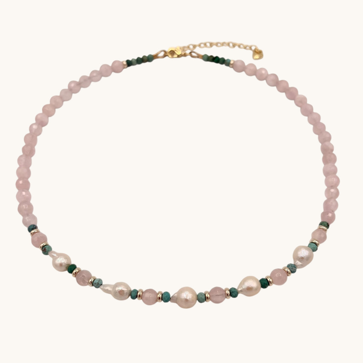 Rose Quartz & Turquoise Necklace | Freshwater Pearls & 18K Gold-Filled Details