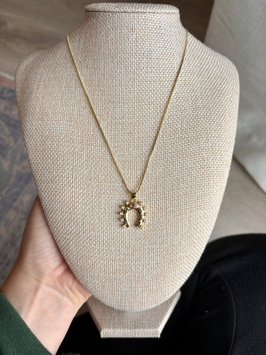 24K Gold-Filled Multicolor CZ Horseshoe Necklace on Adjustable Box Chain