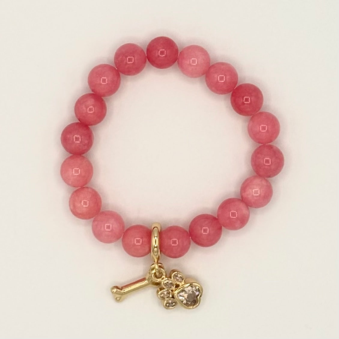 Pink Jade & Gold-Filled Dog Kids Stretch Bracelet