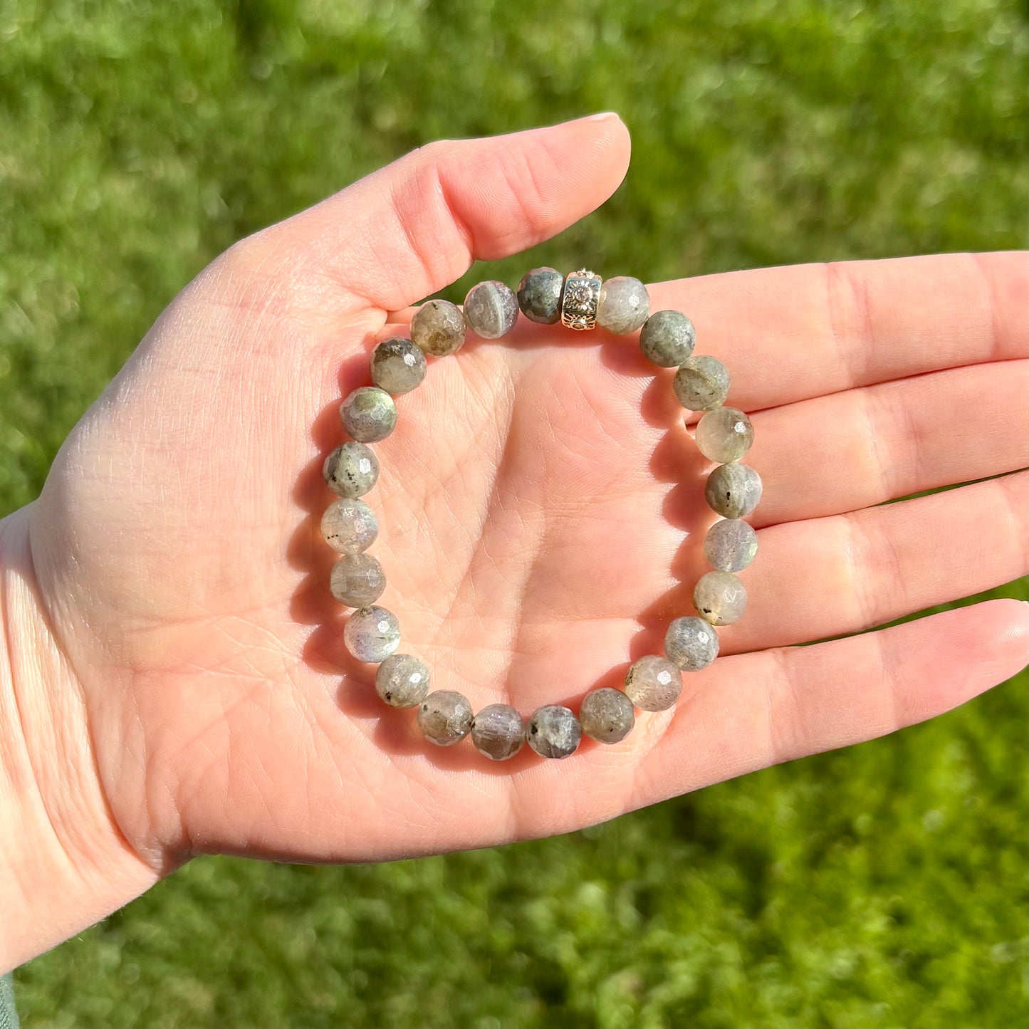 Faceted Labradorite Bracelet with Celestial Sun Charm – 6.5mm Gemstone Stretch
