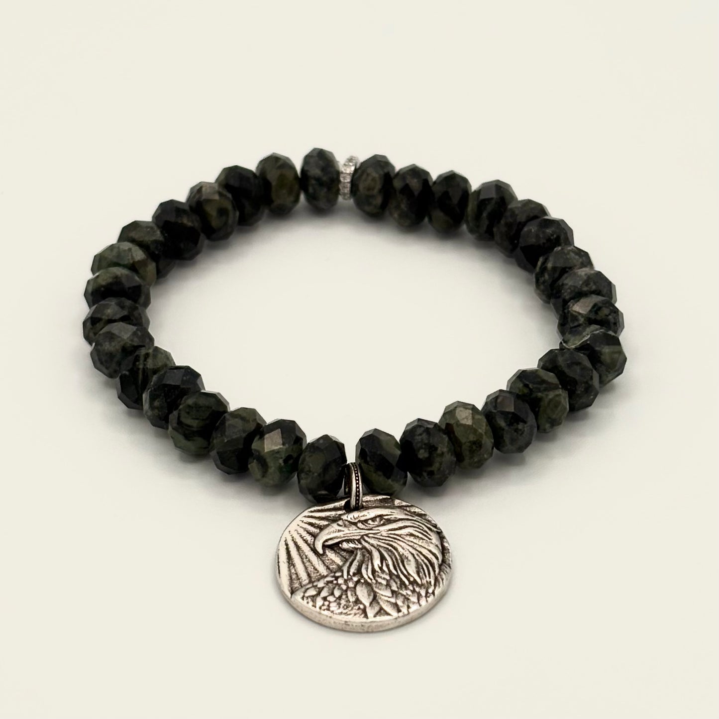 Green & Black Jasper Football Fan Stretch Bracelet | Rhodium Eagle Coin Charm