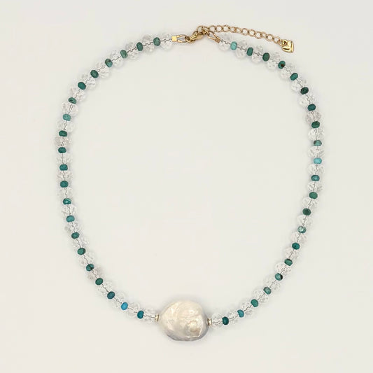 Crystal Quartz & Turquoise Baroque Pearl Necklace - 18K Gold-Filled, 17” Adjustable
