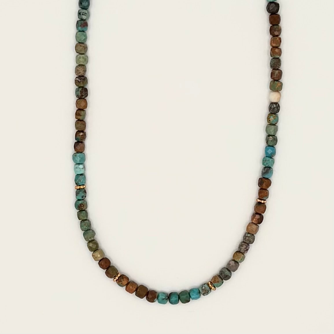 Earth Tones Faceted Turquoise Necklace with Gold Vermeil Daisy Spacers & Heart Extender (16–18”)