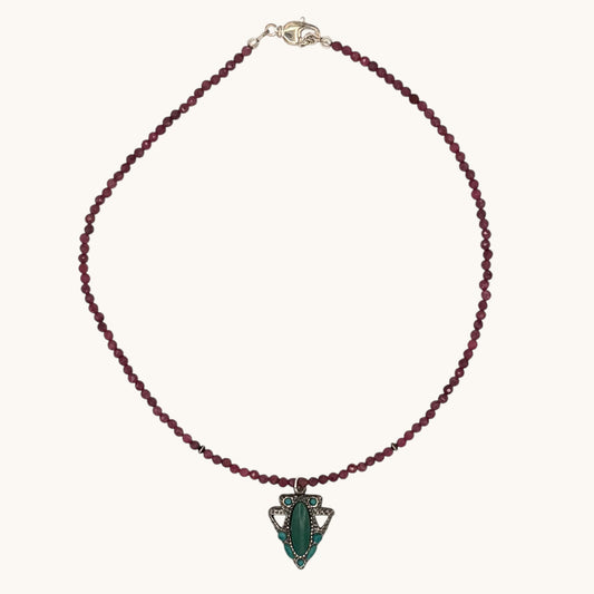 Ruby Bead Necklace with Vintage Sterling Silver Arrowhead Pendant & Turquoise Accents (16.5”)