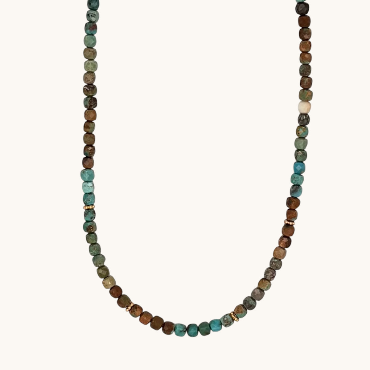 Earth Tones Faceted Turquoise Necklace with Gold Vermeil Daisy Spacers & Heart Extender (16–18”)