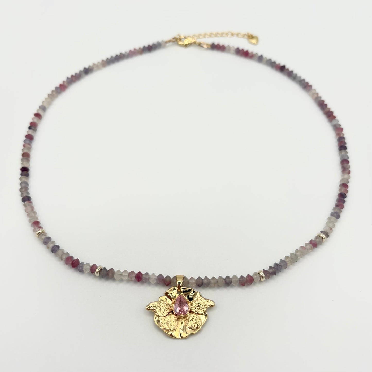 Watermelon Tourmaline Ombre Necklace with Gold-Filled Tulip Charm & Puffy Heart Extender (18–20”)