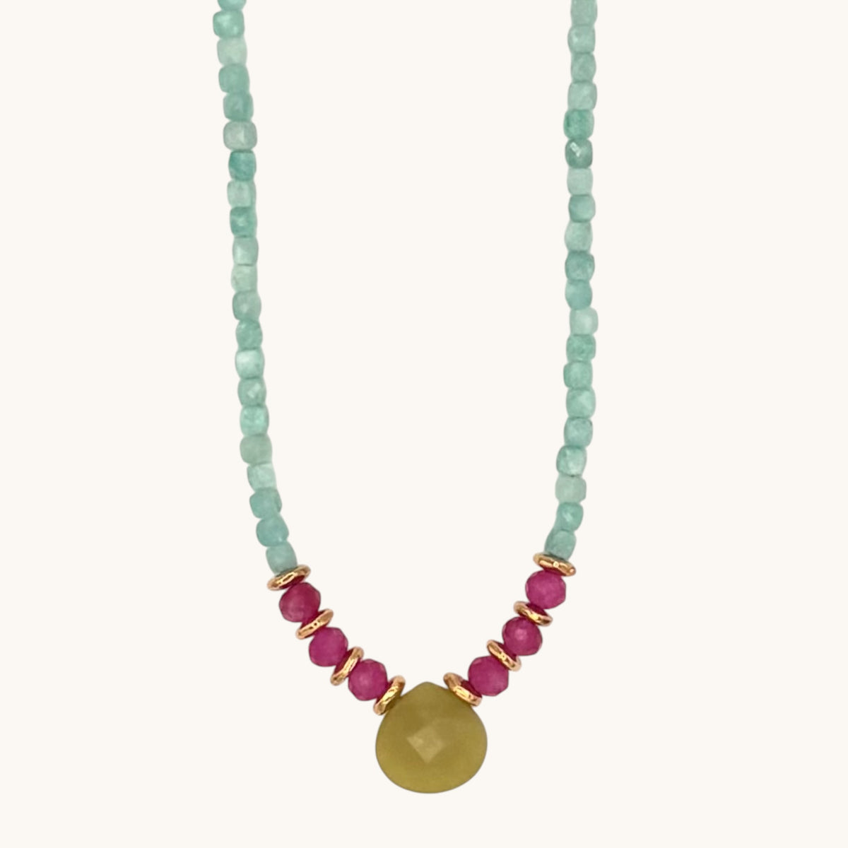 Amazonite Necklace with Teardrop Peridot Jade Pendant & Magenta Sardonyx Accents with Gold-Filled Puffy Heart Extender (15–17”)