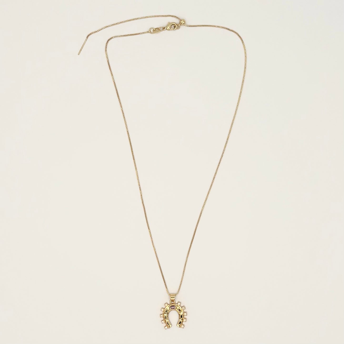 24K Gold-Filled Multicolor CZ Horseshoe Necklace on Adjustable Box Chain