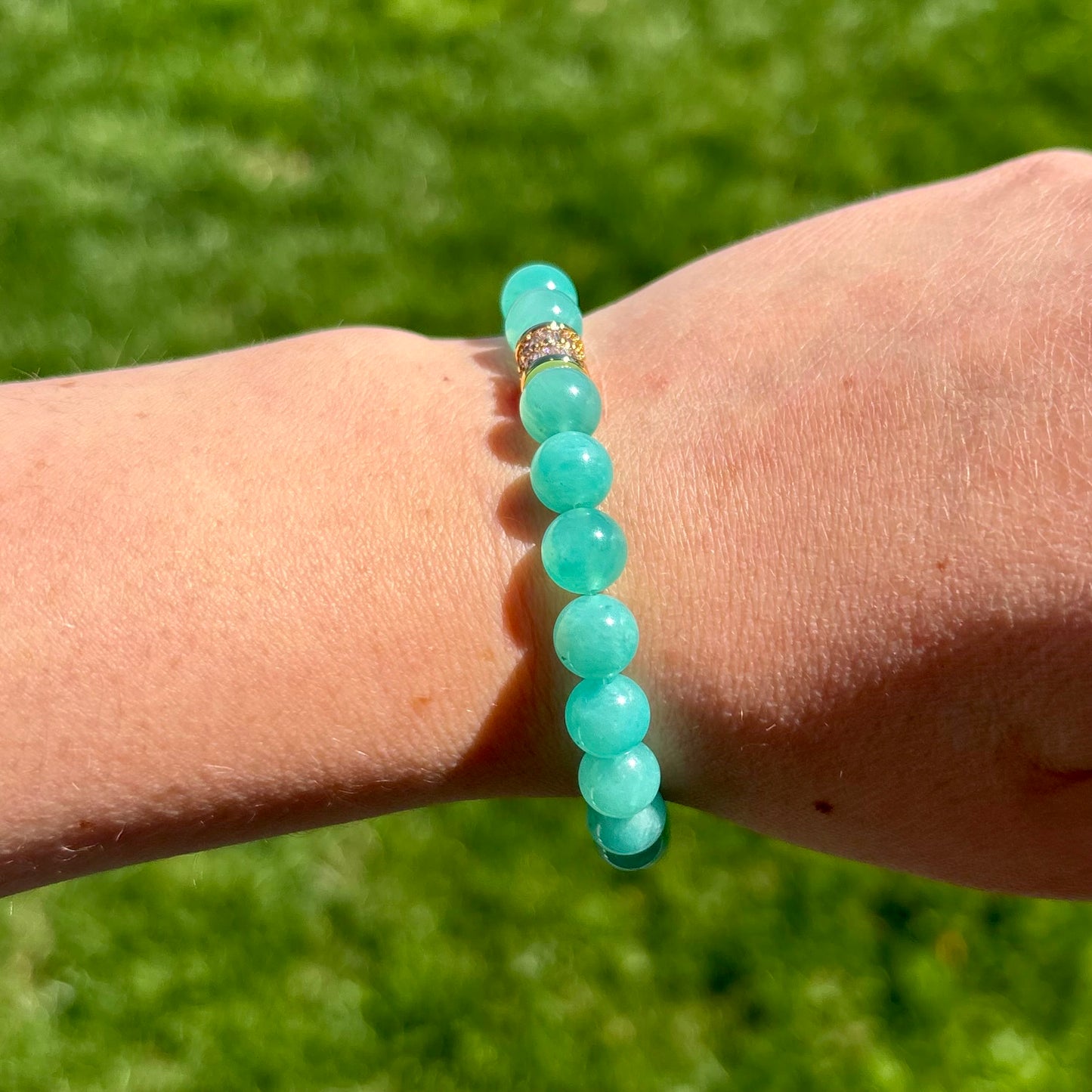 Bright Blue Amazonite Stretch Bracelet with 18K Gold-Filled CZ Spacer | 6.5mm Gemstone Beads