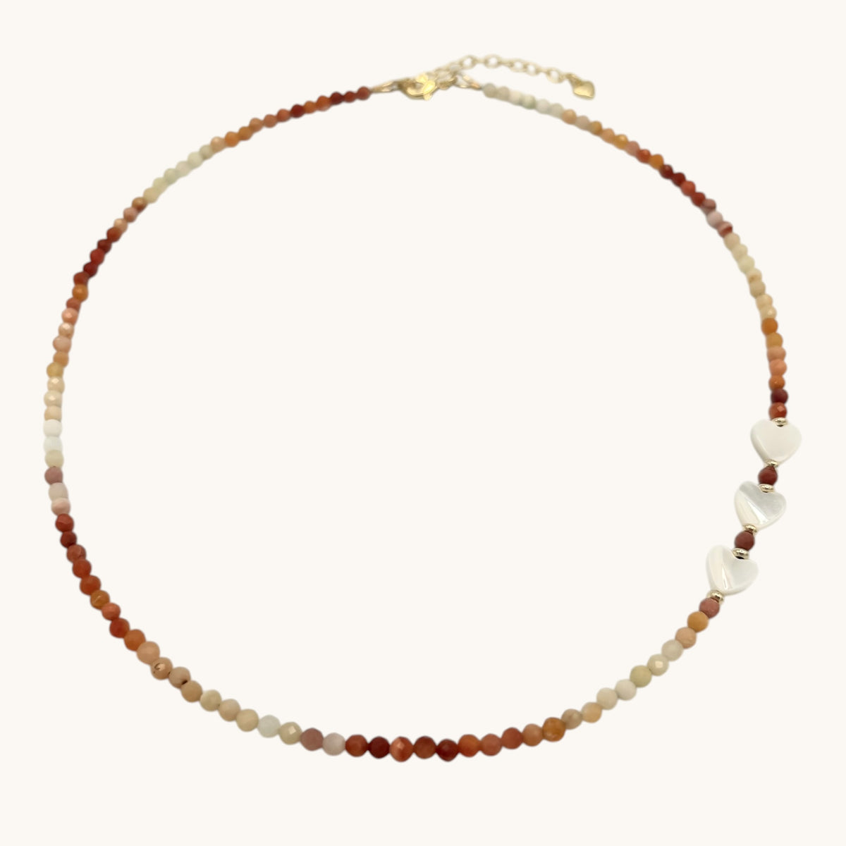 Mexican Fire Opal and Mother-of-Pearl Heart Beaded Choker Necklace – 18K Gold Filled