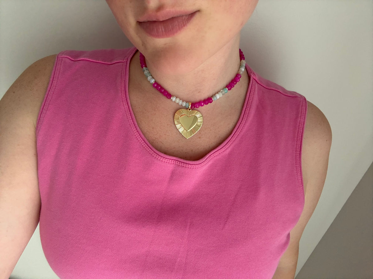 Aqua Agate & Ruby Jade Necklace with 18k Gold-Filled Heart Pendant