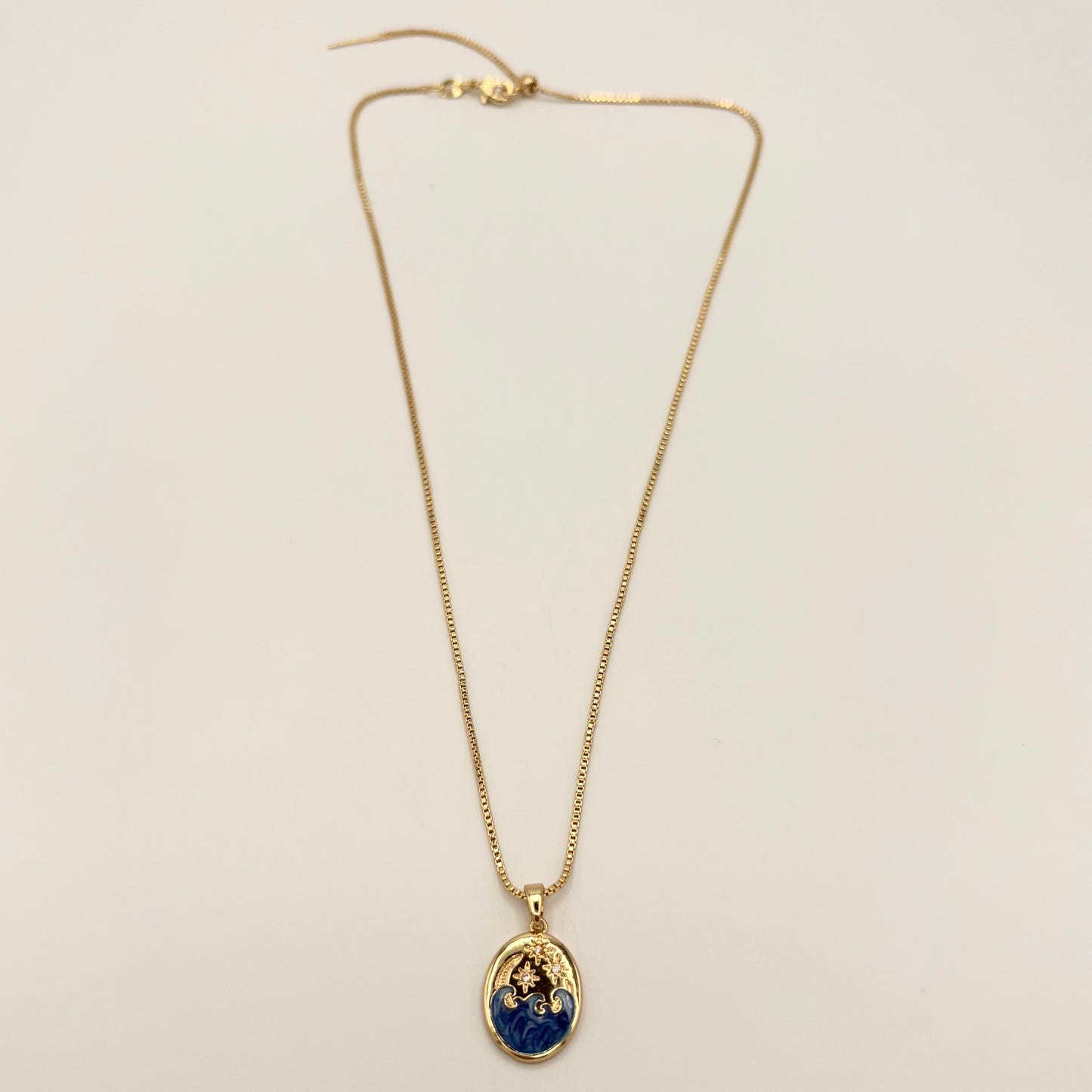 24K Gold-Filled Adjustable Chain Necklace with 18K Enamel Moon, Star & Sea Pendant (Clear CZ)