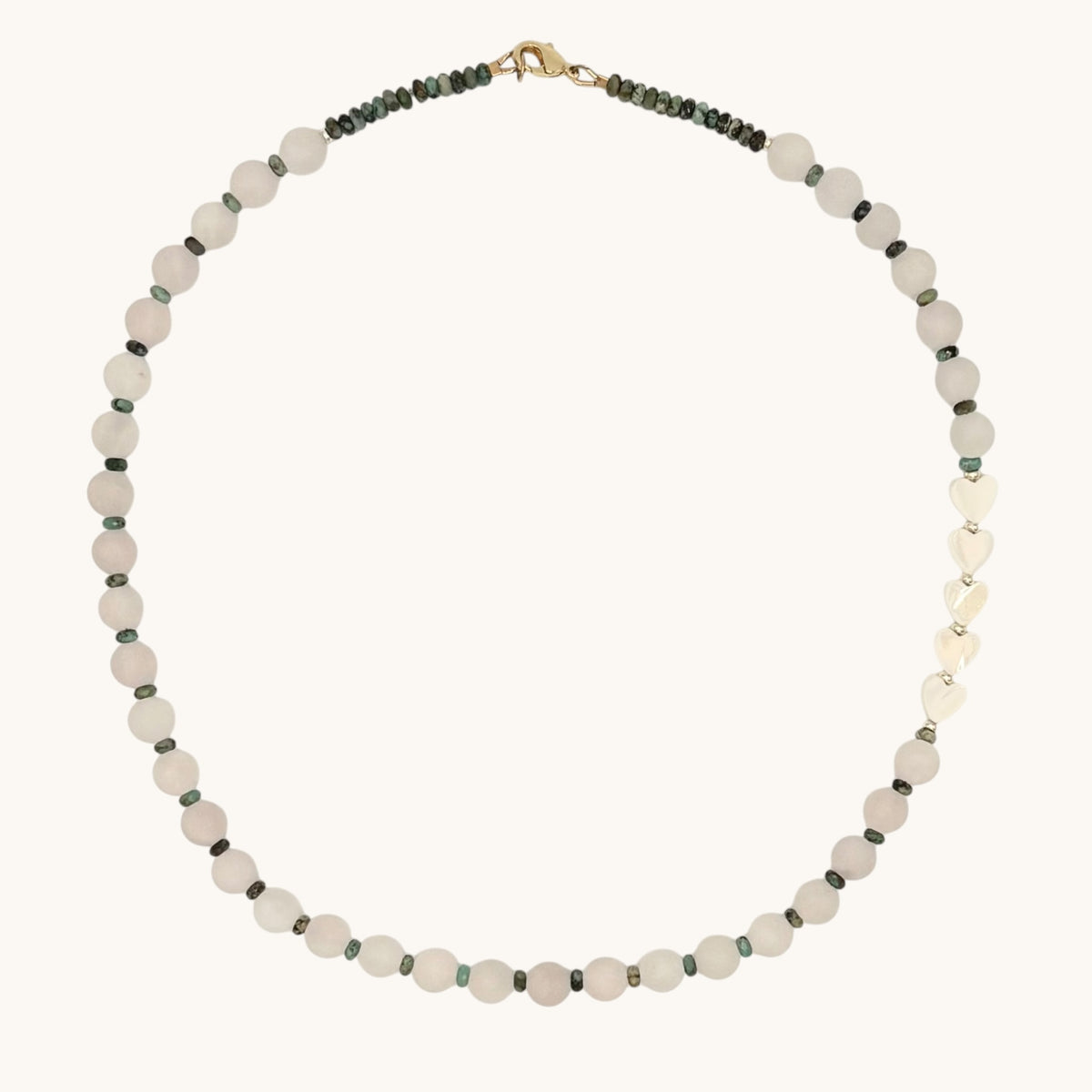 Rose Quartz Necklace with African Turquoise & Mother of Pearl Hearts | 20” Gold-Filled