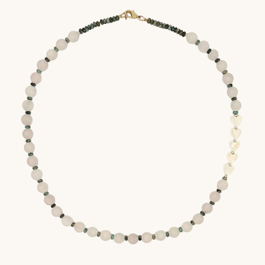 Rose Quartz Necklace with African Turquoise & Mother of Pearl Hearts | 20” Gold-Filled