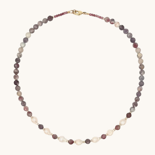 Pink Tourmaline, Lepidolite Quartz & Freshwater Pearls with 18k Gold-Filled Findings