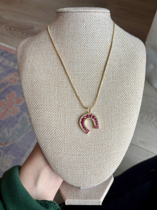 24K Gold-Filled Adjustable Box Chain Necklace with CZ Horseshoe Pendant